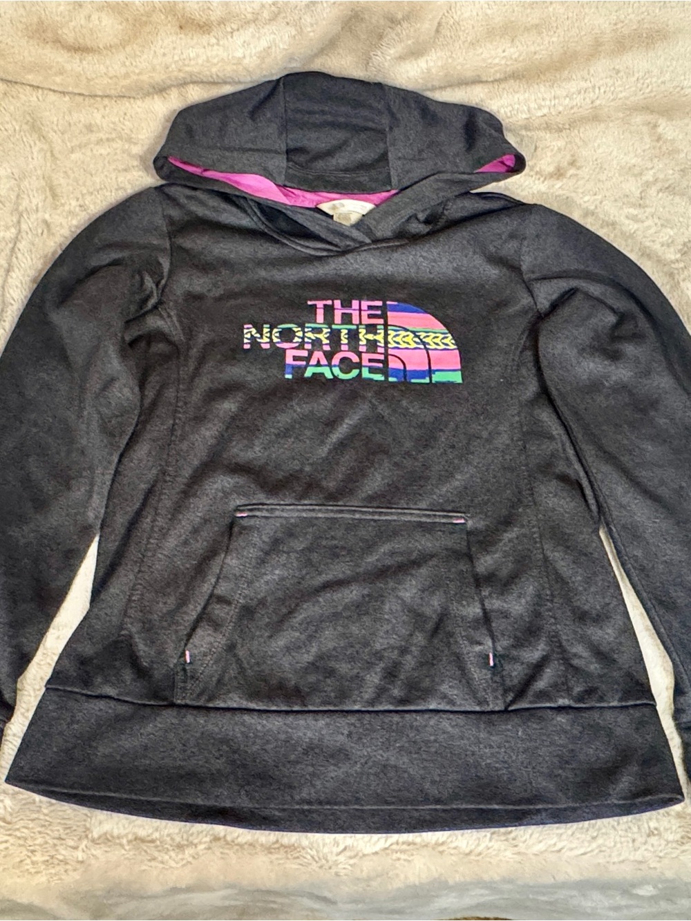 The North Face Dark Gray Hoodie Pink & Multicolor Logo Women’s S